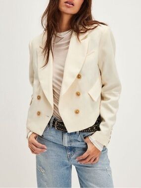 Free People Cream Linen Double-Breasted Cropped Blazer